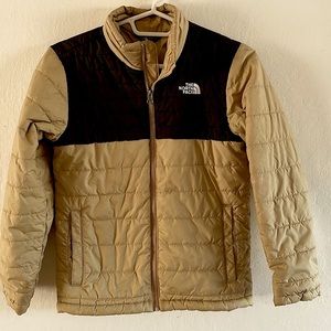 Kids North Face, tan and black youth jacket, medium 10/12, very gently worn